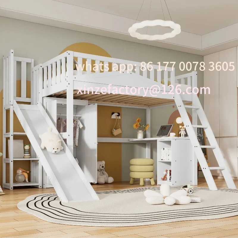 

Customizable Bunk bed, children's bed, with safety gate, with table and wardrobe, ample storage space, with four-step ladder
