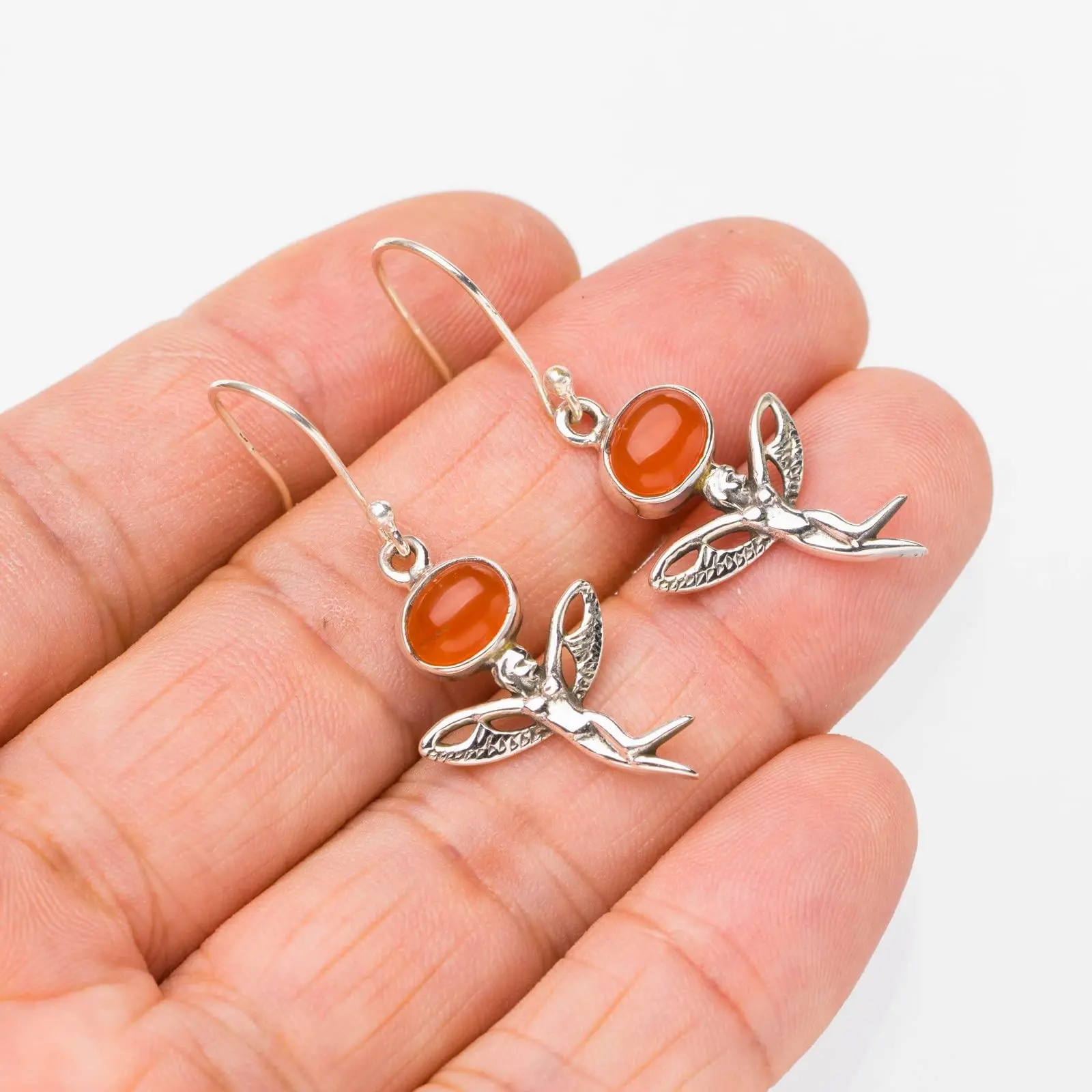 StarGems® Natural Carnelian Fariy Handmade 925 Sterling Silver Earrings 1.75