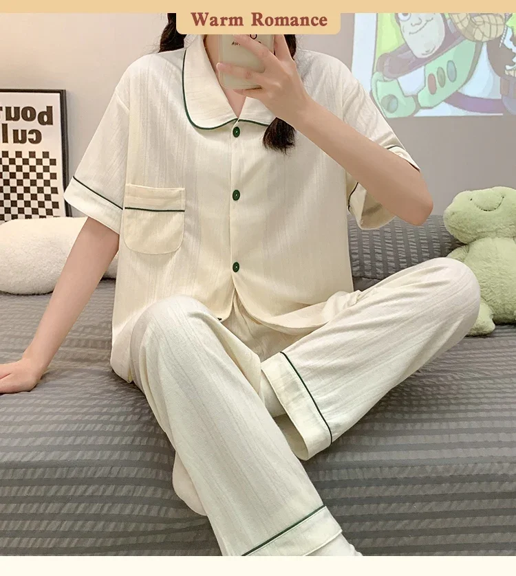 2023 Summer Autumn Cotton Short Sleeve Long Pants Pajama Sets For Women Korean Loose Sleepwear Suit Pyjama Homewear Home Clothes