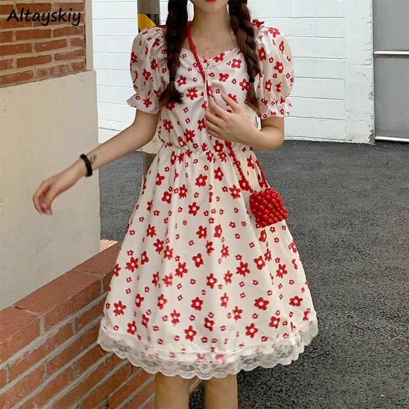 Floral Mini Dress for Women Lace Design Sweet Puff Sleeve Summer Girlish Korean Style Fashion Vintage Vestido Feminino Holiday