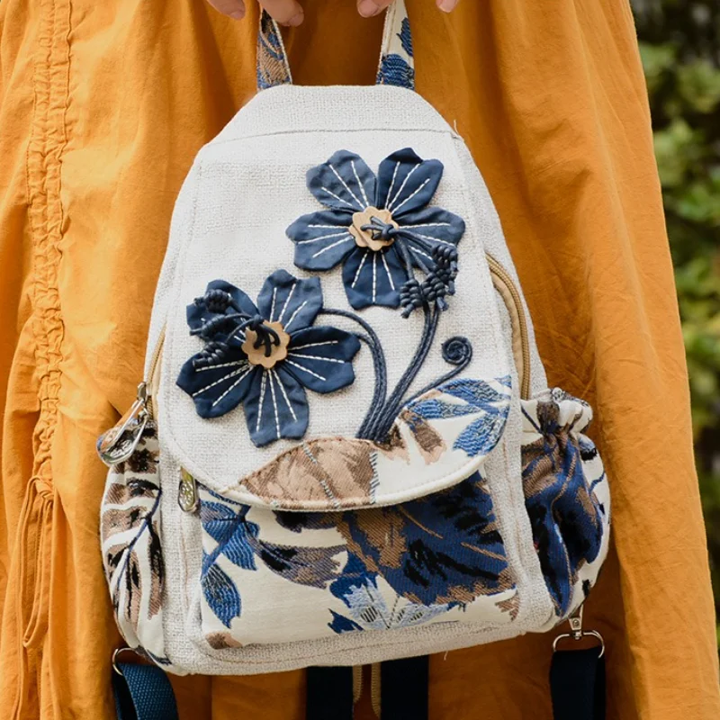 Ethnic Style Backpack Hand Woven Double Shoulder Multi Compartment Lightweight Canvas Commuting Multi-functional Chest Bag 2025