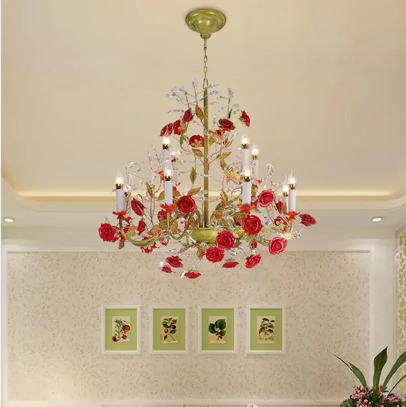 Floral Candle Chandelier Colorful Dining Living Room Ceramic Rose Flower Pendant Lamp Girls Bedroom Crystal Home Decora Lighting