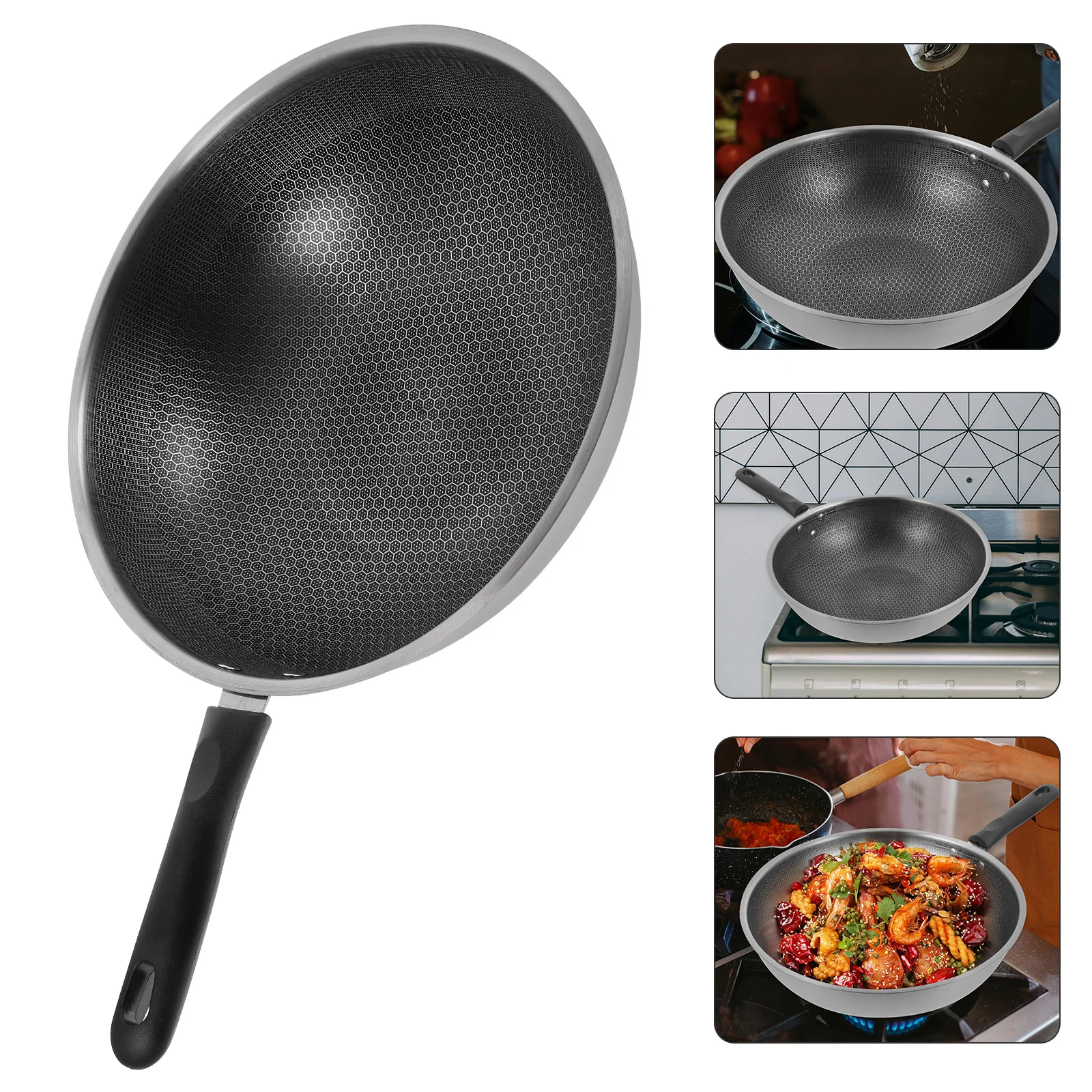 

Stainless Steel Frying Pan 28Cm Honeycomb Non-Stick Surface Bakelite Handle For Eggs Steak Cooking Compact Kitchenware