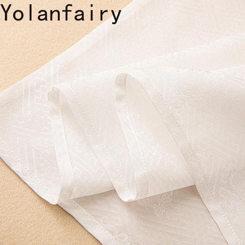 YOLANFAIRY الجمال الصيني 100% قميص أبيض من حرير التوت الطبيعي قميص نسائي جاكار ثلاثة أرباع كم قمصان نسائية قطع علوية مائلة