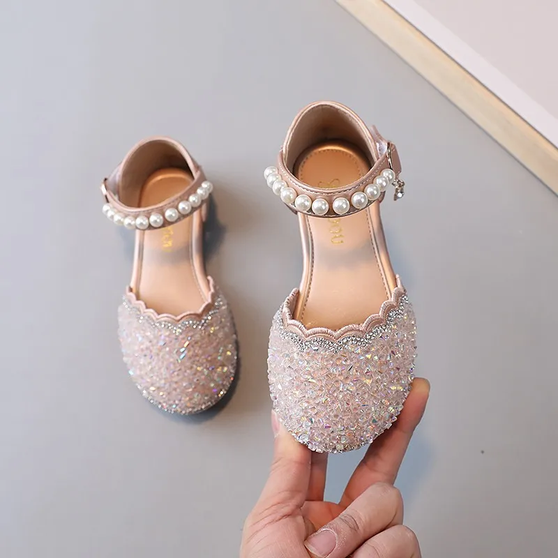 Girls Crystal Leather Shoes 2024 Spring Summer Kids Half Sandals for Wedding Party Children Summer Shoes with Pearls Princess