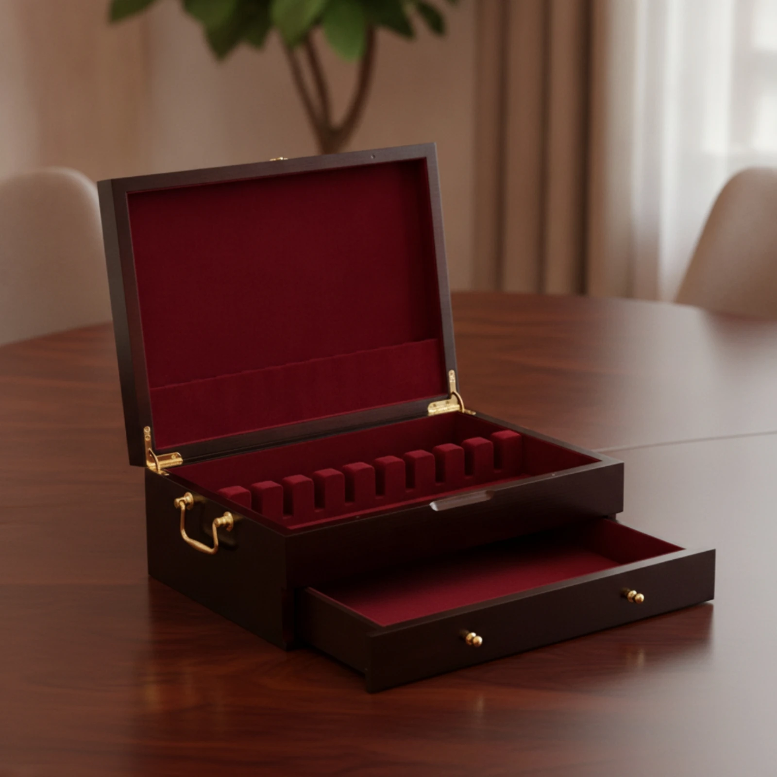 Solid Wood Silverware Chest with Lid Plush Velvet Lined Interior Polished Hardware Flatware Organizer for Family Meals