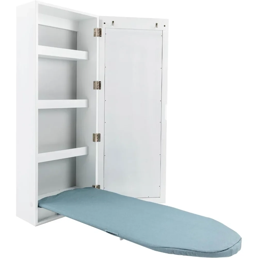 

Foldable Ironing Board Cabinet Wall Mounted Storage Cabinet with Mirror, Built-in Ironing Board, 4 Storage Shelves and 2 Hanging