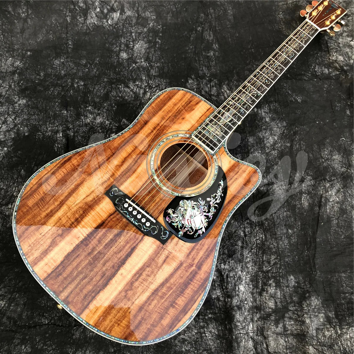 Solid Wood All Koa Acoustic Guitar 41 Inches D Type Cutaway Body Real Abalone Flowers Ebony Fingerboard Guitar