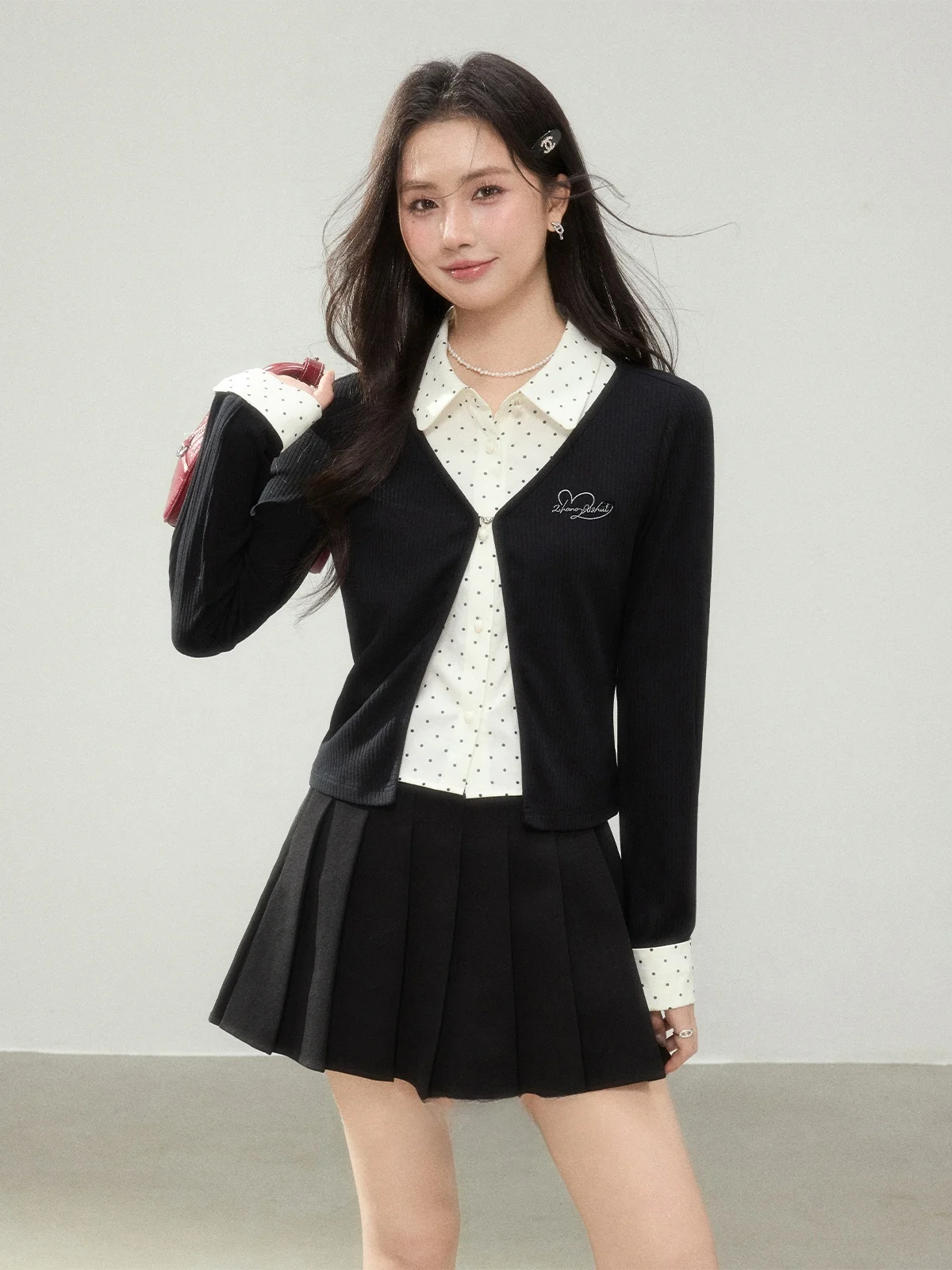 

Bla Polka Dot Long Sve T-irt Women's Spring 2026 Commute Sle Padded Splicing Cardigan High Waist Regular Fit Top