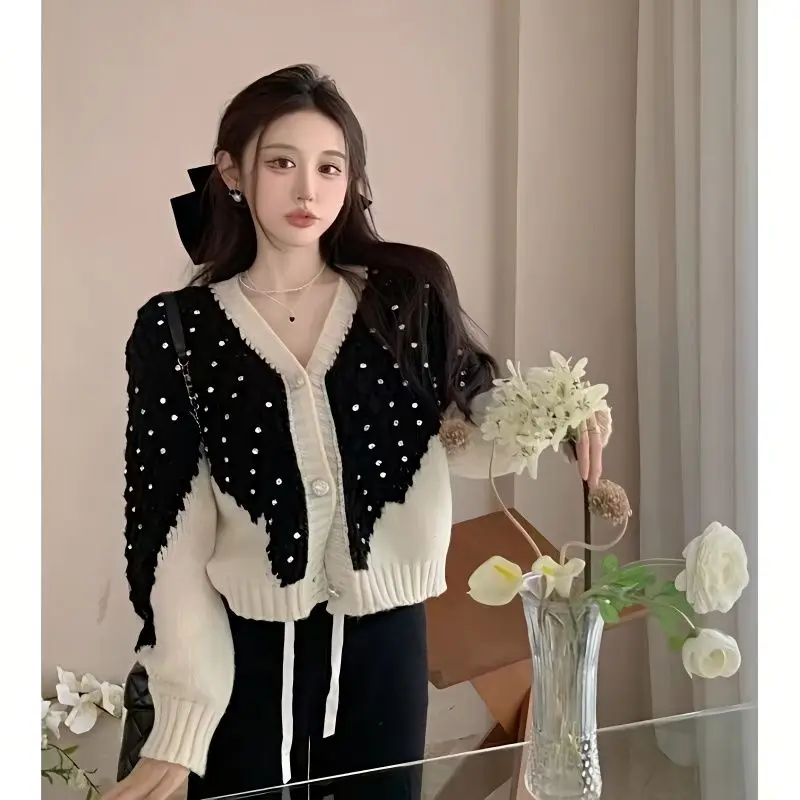 

Gagarich 2024 French Lazy Style Black White Luxury New Diamond Sweater Women Korean Knitted Cardigan Loose Top