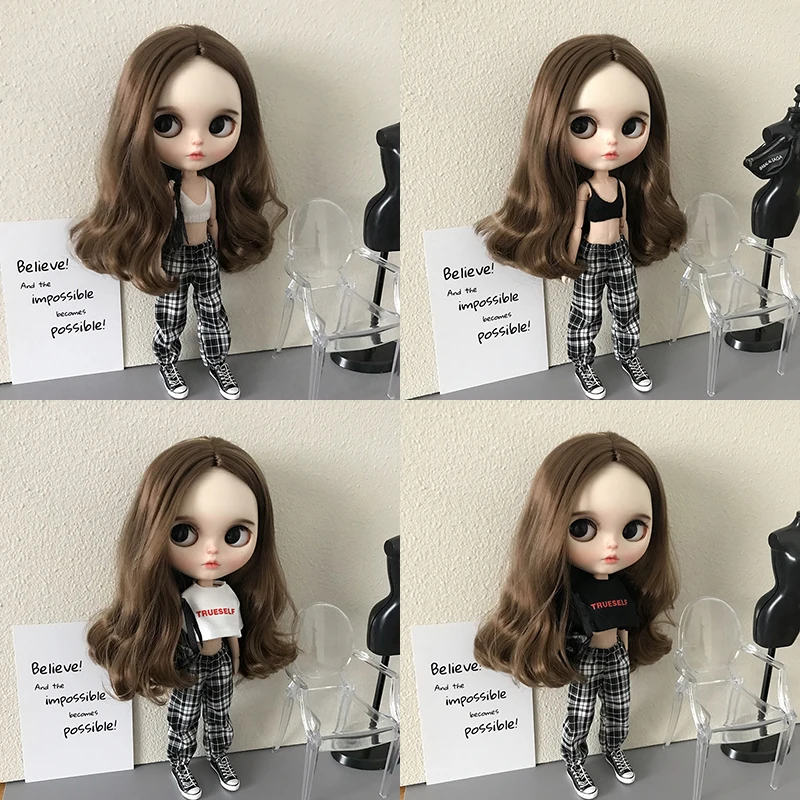 1 Pcs Blythe Doll Clothes Tube Top Sling and Plaid Casual Pants T-shirt Sweatpants Set for Barbie Blyth Licca OB24 Dolls Suit