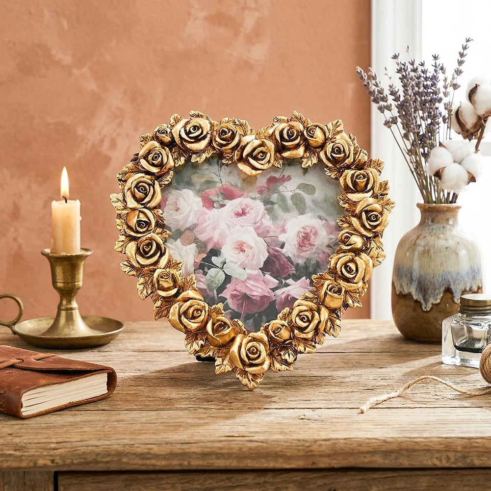 Elegant Heart Photo Frame with Gold Finish and 3D Floral Texture Designed for Table Mantel and Shelf Placement
