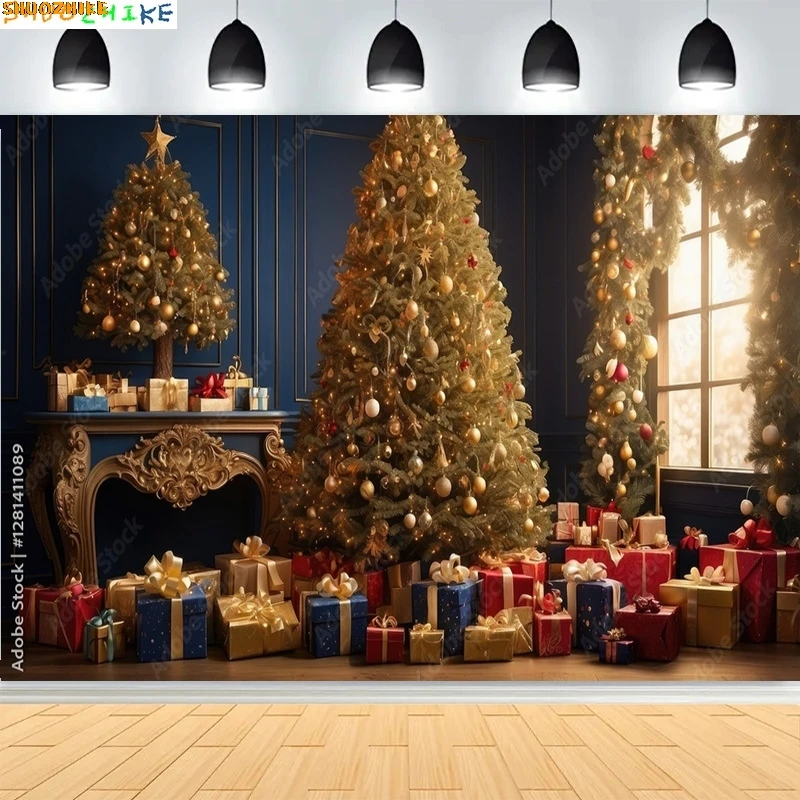 عيد الميلاد هدية صناديق قطار البخار خلفيات للتصوير الفوتوغرافي غرفة المعيشة العطلات السجاد الموقد أشجار الصنوبر خلفية VT-07