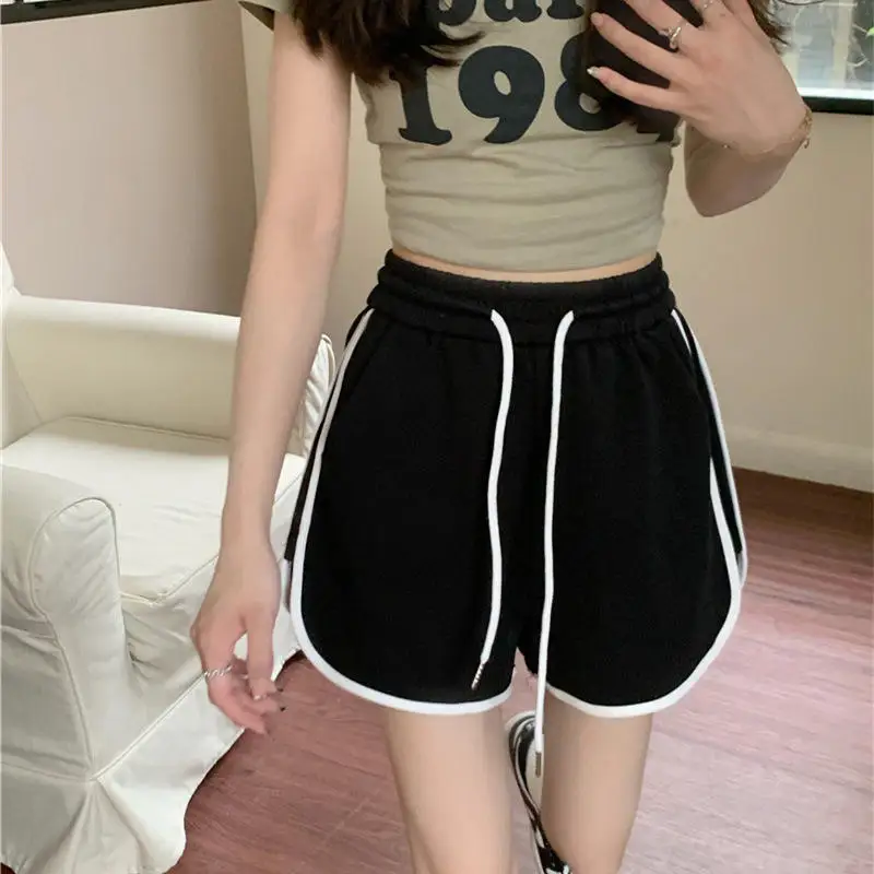 Gray Casual Pants High Waist Loose Wide Leg Shorts Color Block Sports Three-quarter Length Trousers for Women Summer Fashion