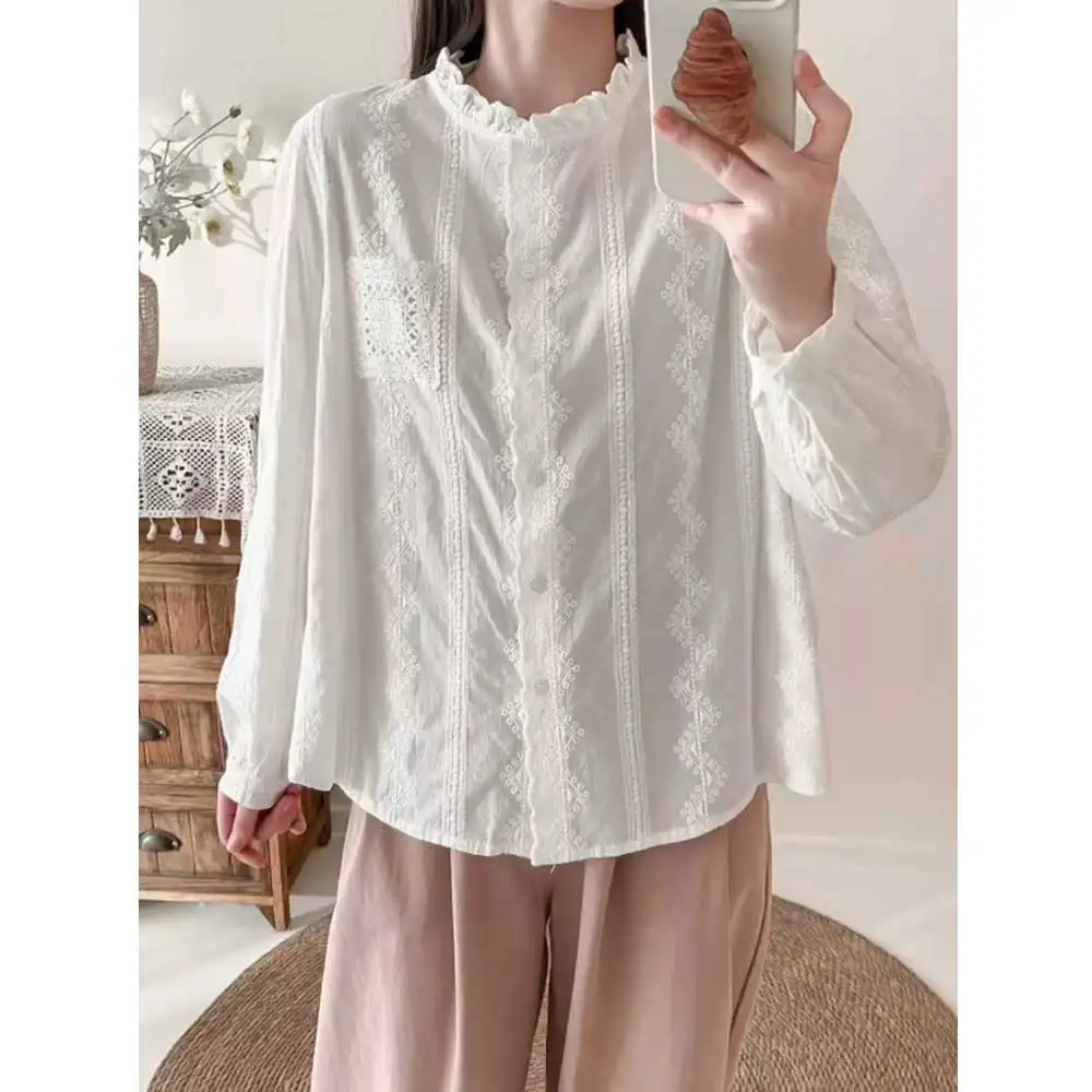 

Japanese Sweet Mori Girl Solid Color Jacquard Embroidery Shirts Women Autumn New Stand Collar Long Sleeve Casual Loose Blouse