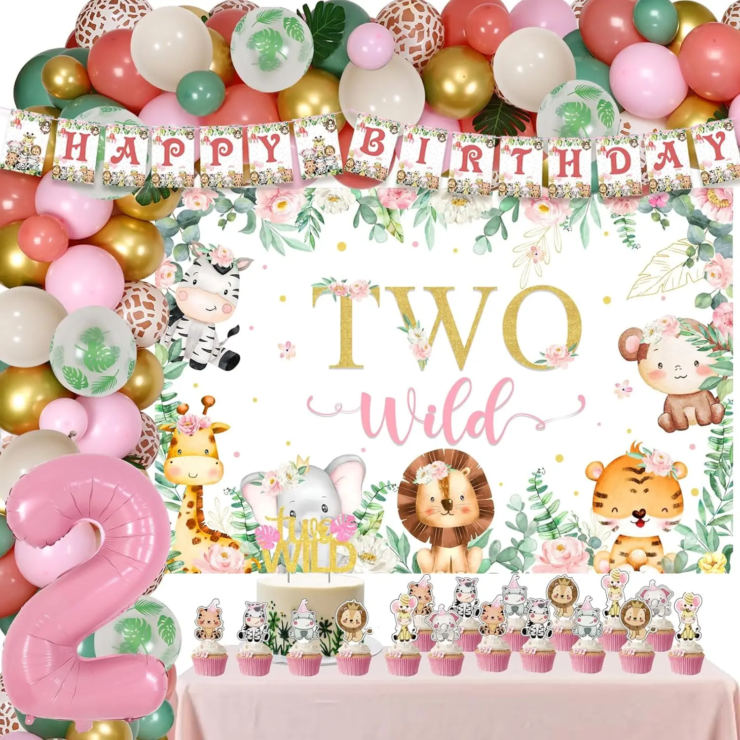 Jungle Animals Theme 2nd Birthday Decorations Girl Dusty Pink and Sage Green Balloon Arch Kit with Two Wild Backdrop Cake Topper