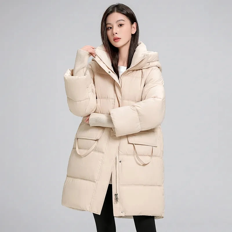 

2026 Winter Long Women's Down Cotton Jacket Female Stand Collar Hooded Parkas Pockets Coats Women Knee Length Thick Warm Jacket