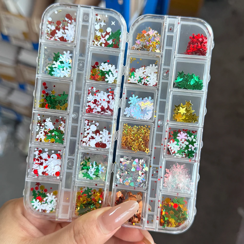 12 شبكة احتفالية عيد الميلاد مسمار بريق الترتر مختلط مسدس ستار ندفة الثلج شجرة عيد الميلاد دائرة هولو رقائق الأظافر عيد الميلاد شىء صغير براق #6