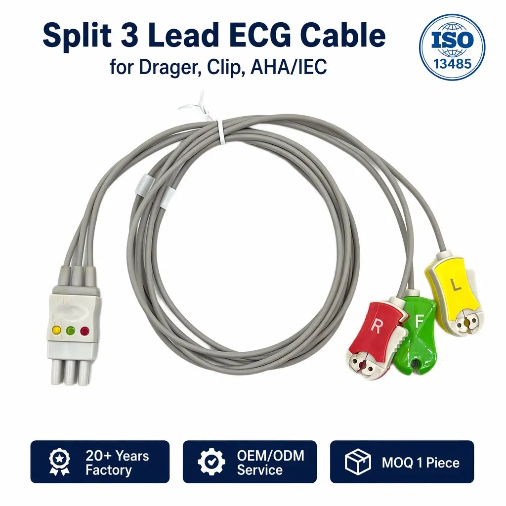 ECG Cable 3-Lead Clip Type AHA IEC - Adult TPU - Model ZE0063