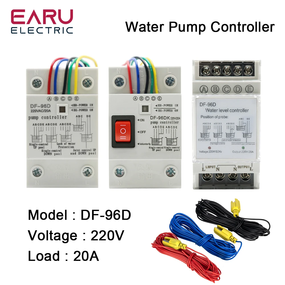 DF-96D DF-96DK Water Level Controller Switch 20A 220V Water Tank Liquid Level Detection Sensor Water Pump Controller 2M Wires