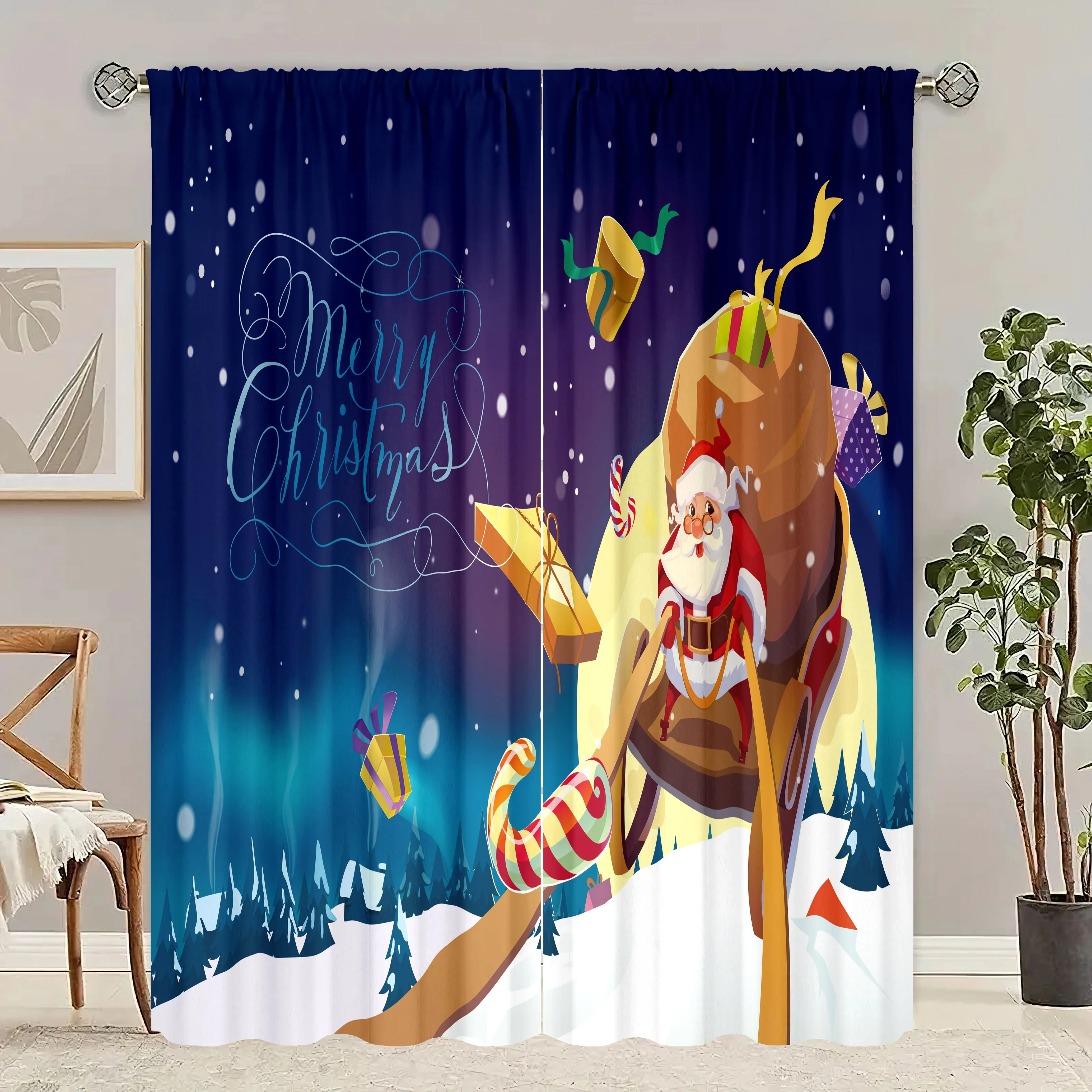 

2 pieces - Gift giving Santa Claus Christmas Print curtain - Polyester material - suitable for bedroom, living room, study,