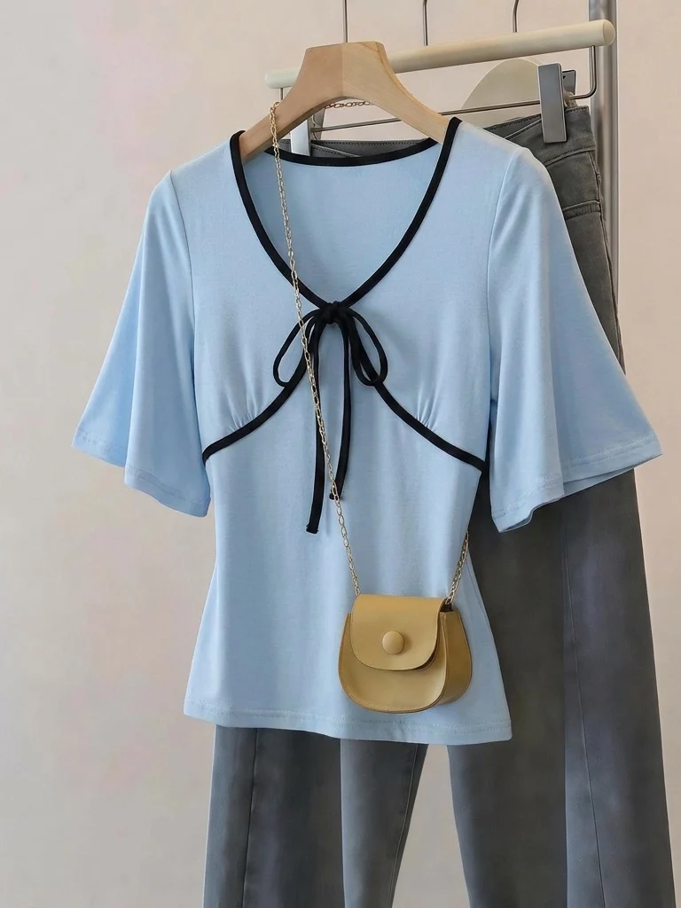 Slimming Light Blue V-Neck Short Sleeve T-Shirt Women's Fashion Korean Style Summer New Arrival plus Size Commute Appropriate