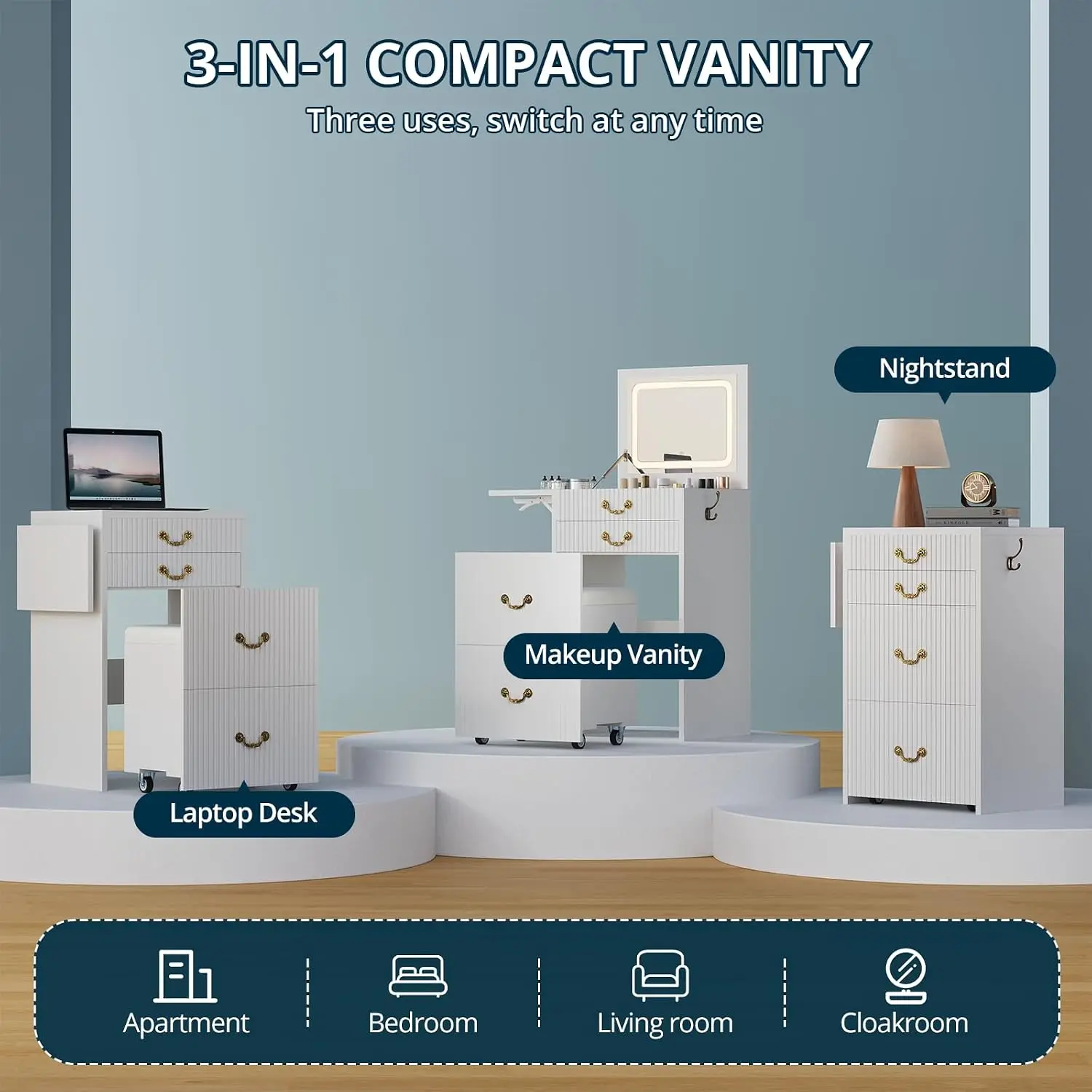 3 in 1 Vanity Table with Flip Mirror and LED Lights, 3 Drawers Storage Rolling Stool Makeup Desk for Bedroom Powder Room