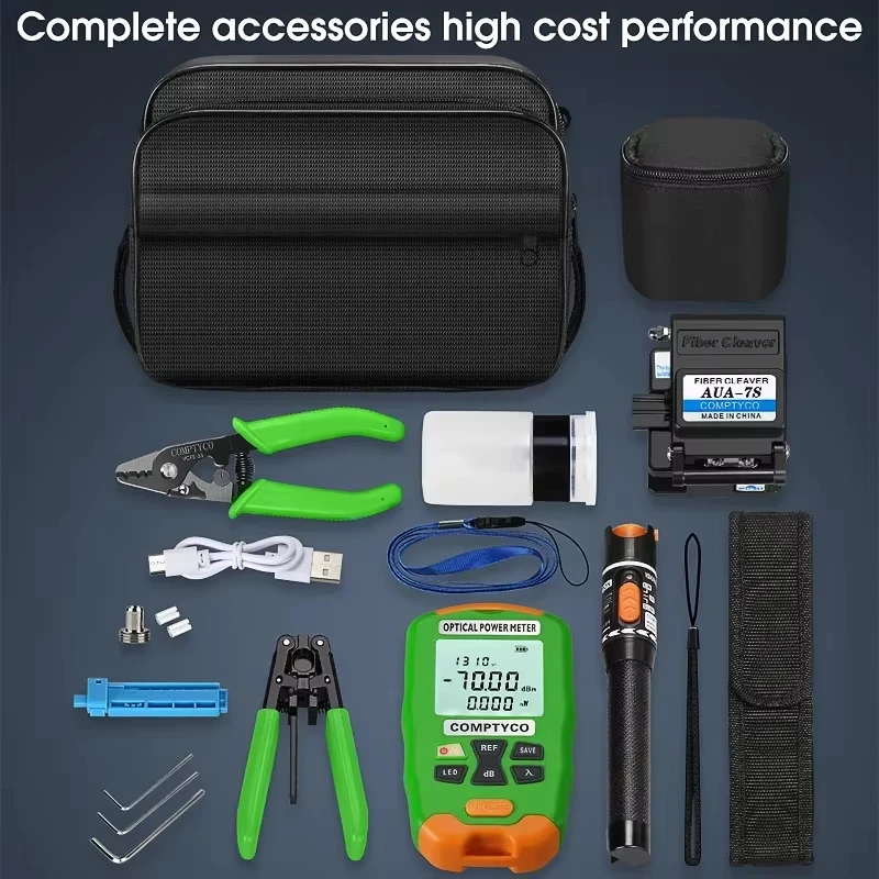 AUA-DC5 FTTH Fiber Optic Tool Kit with -50~+26dBm 3 in 1 Mini Optical Power Meter Visual Fault Locator 10mw AUA-7S Fiber Cleaver