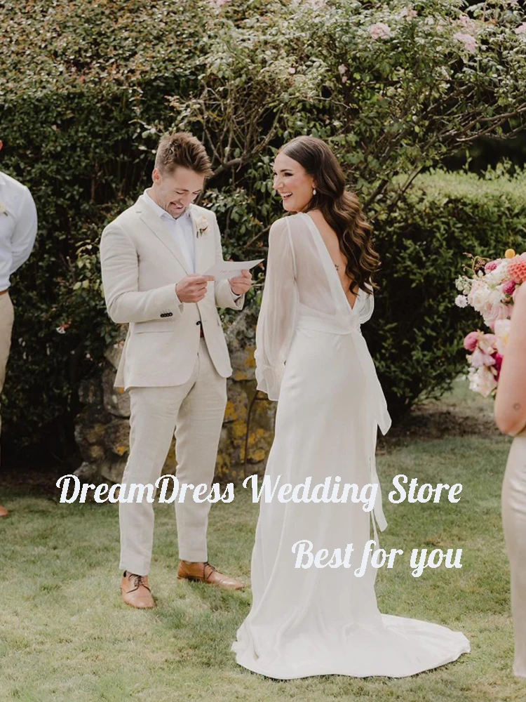 Dream personalizado meidmaid vestidos de casamento o pescoço tule mangas compridas vestidos de noiva fenda positiva sem costas novias boda