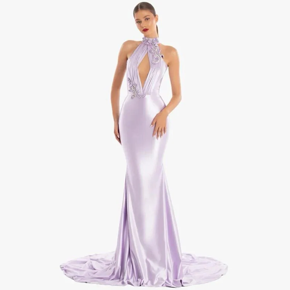 Luxury Evening Gowns 2024 Satin Mermaid/Trumpet Clubbing Gown Taro Pur High Collar Rhinestone/Crystals Backless Party Long Dress