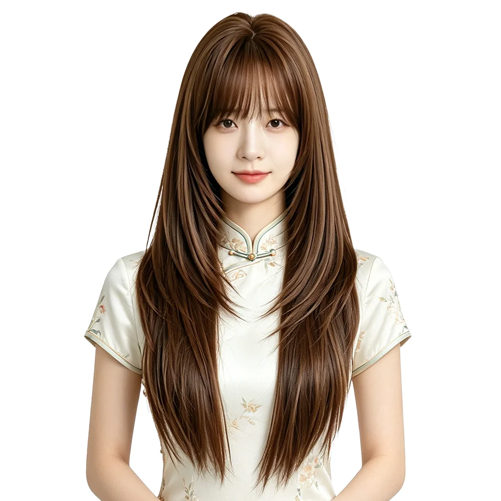 29 Chocolate Brown Long Straight Wig with Fringe Soft Fluffy Layered Haircut Natural Synthetic Wig For Women Daily Office Wear