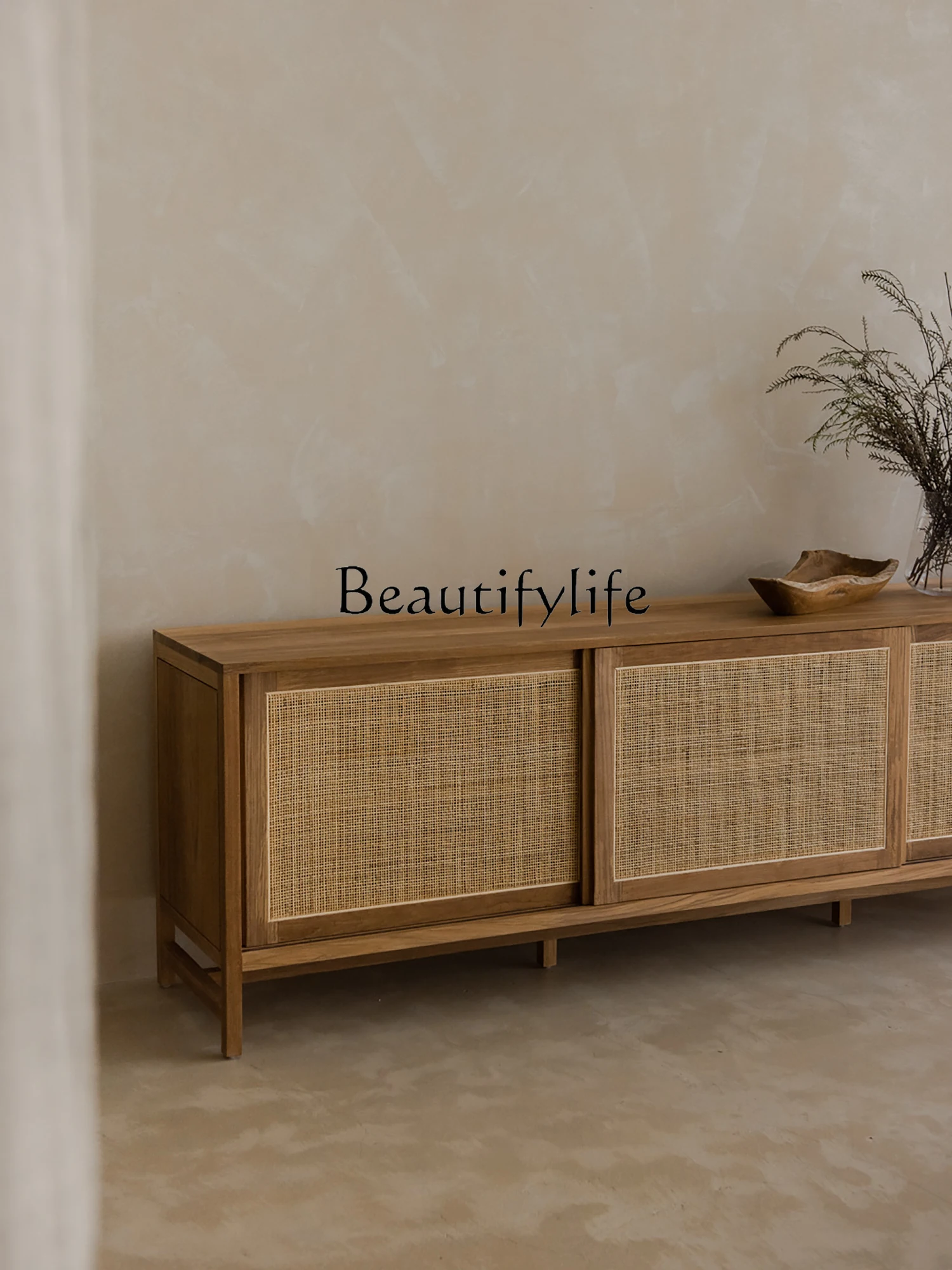 Modern Log TV Cabinet Home Living Room Solid Wood Audiovisual Cabinet Black Walnut Rattan Long Cabinet