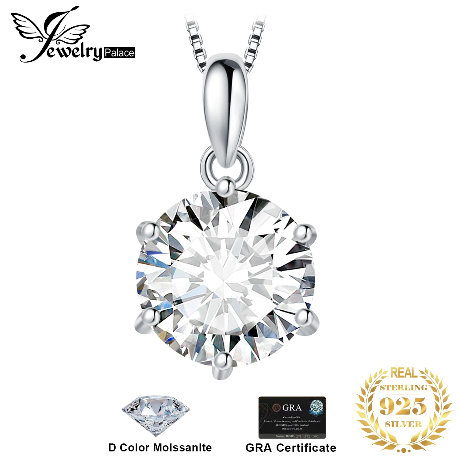 JewelryPalace 여성용 모이사나이트 D 컬러 목걸이, 라운드 925 스털링 실버 펜던트, 체인 없음, 1ct, 1.5ct, 2ct, 3ct