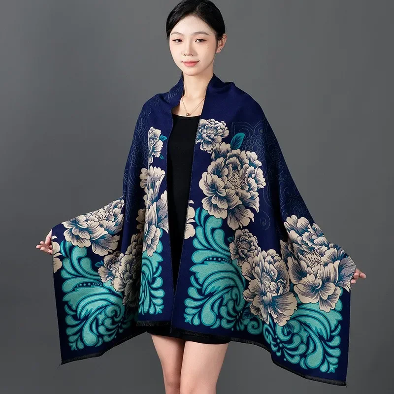 

New Winter Warm Cashmere Scarf Women Reversible Thick Shawl Wraps Luxury Brand Flower Print Pashmina All-Match Blanket Cape