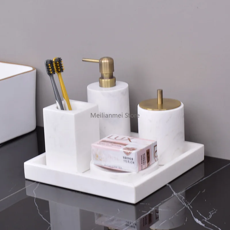 White Natural Marble Set for Bathroom Classic Minimalist Soap Dispenser Toothbrush Holder Tray Bathroom Set bathroom decor