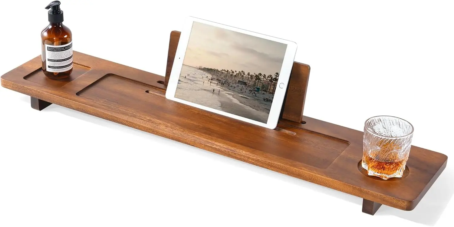 

Adjustable Bathtub Tray Caddy - 35" Wide for Freestanding Tubs, Non-Slip Phone & Wine Holder