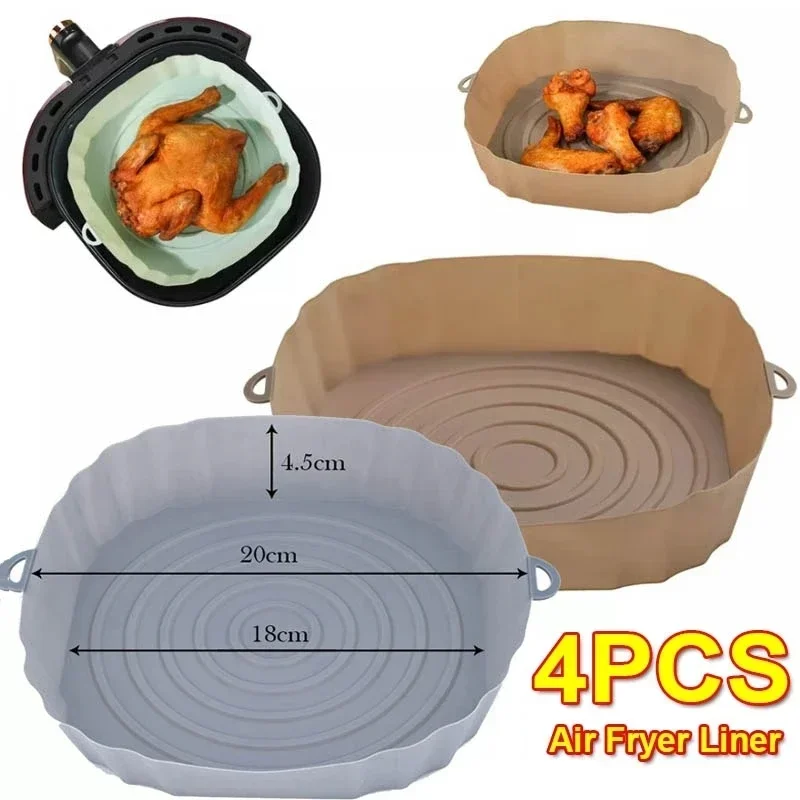 

4pcs Air Fryer Silicone Tray Oven Baking Tray Pizza Fried Chicken Baking Tool Reusable Liner Easy to Clean Silicone Basket