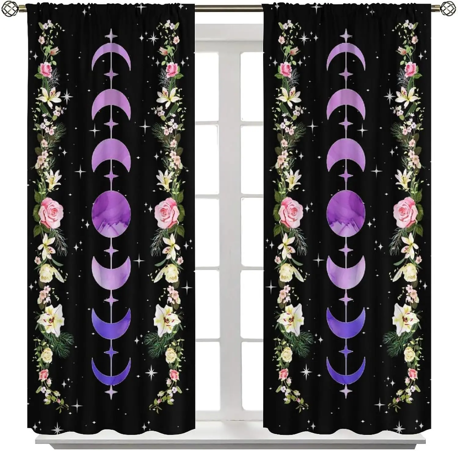 Black Floral Celestial Curtains Boho Moon Phase Crescent Window Drapes Gothic Romantic Polyester Home Decor