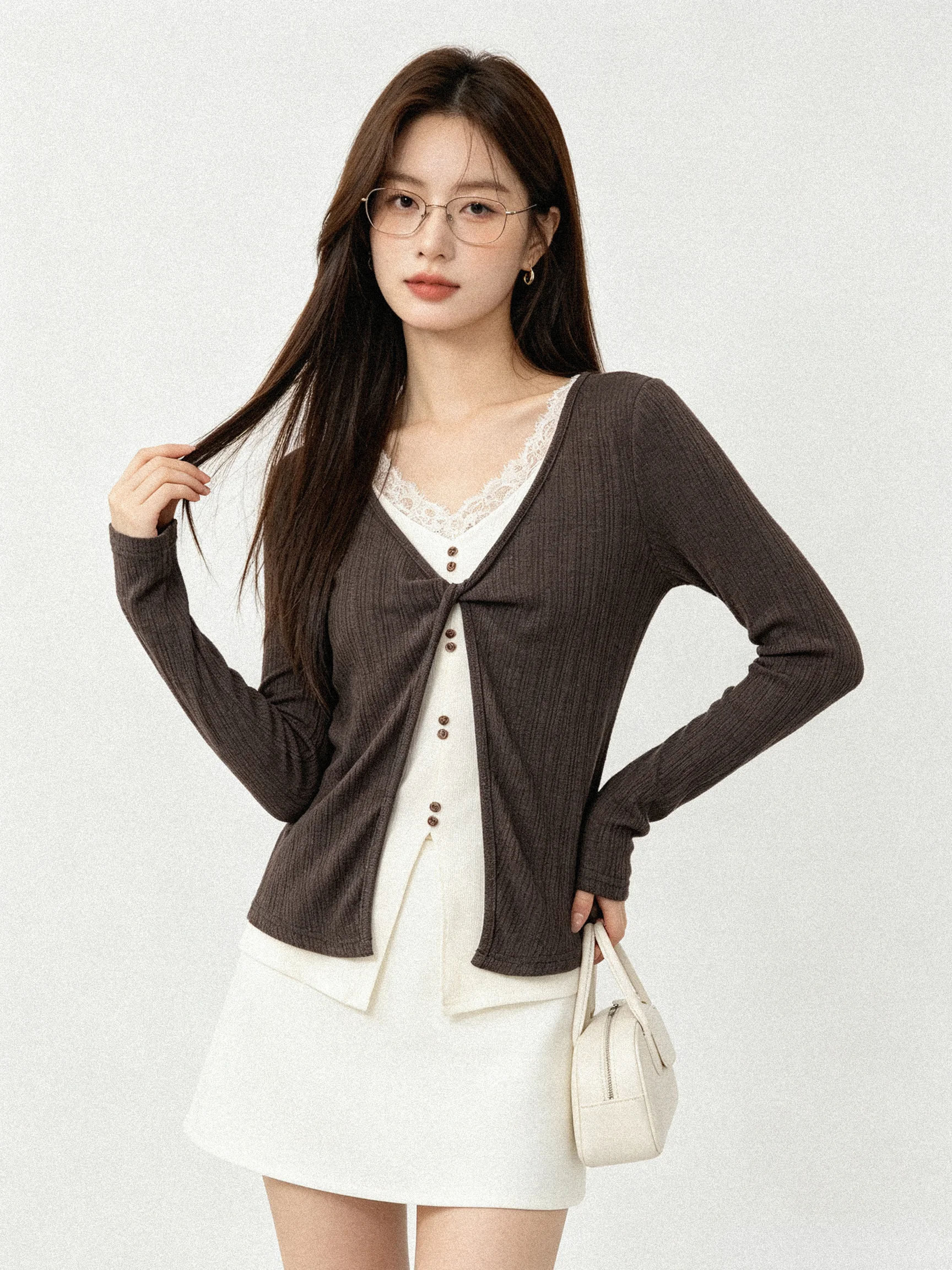 Elegant Lace Splice Knot Knitted Top Soft Skin-friendly Slim Fit Casual Style Long Sleeve V-neck T-shirt for Young Women