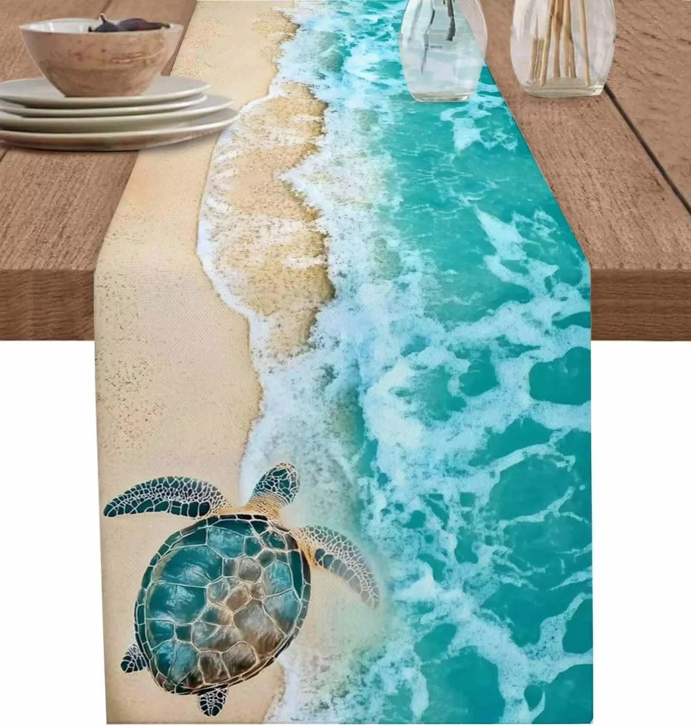 Turquoise Beach Table Runner Sea Turtle, Ocean Wave Linen Decor for Summer Kitchen Party and Home Setting