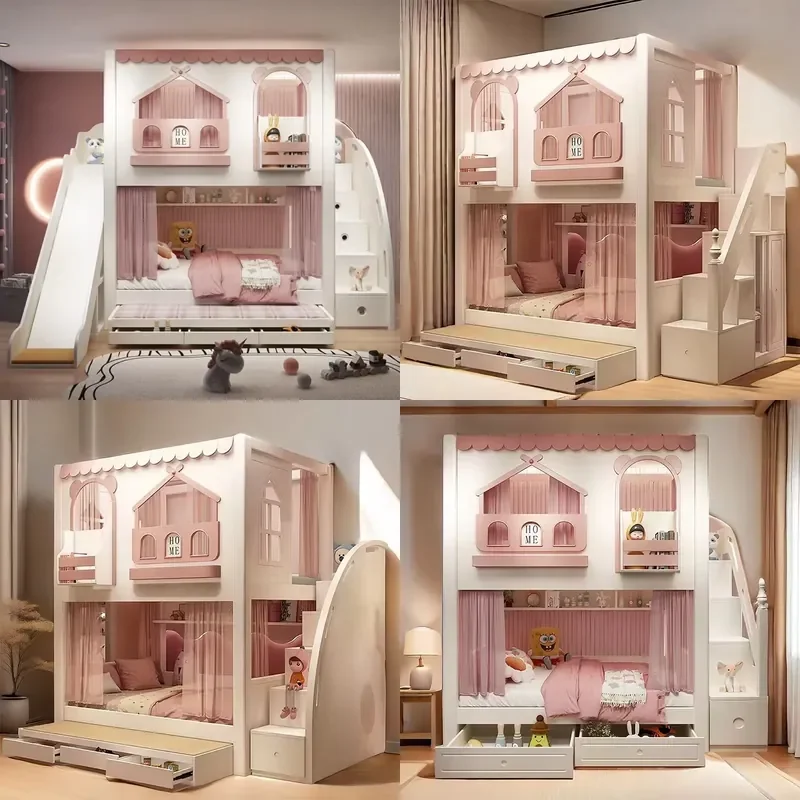 for Children Wood Princess Bunk Bed with Slide Two Layer High Guardrail Elevated Bed for Girls Living Room Modern Design