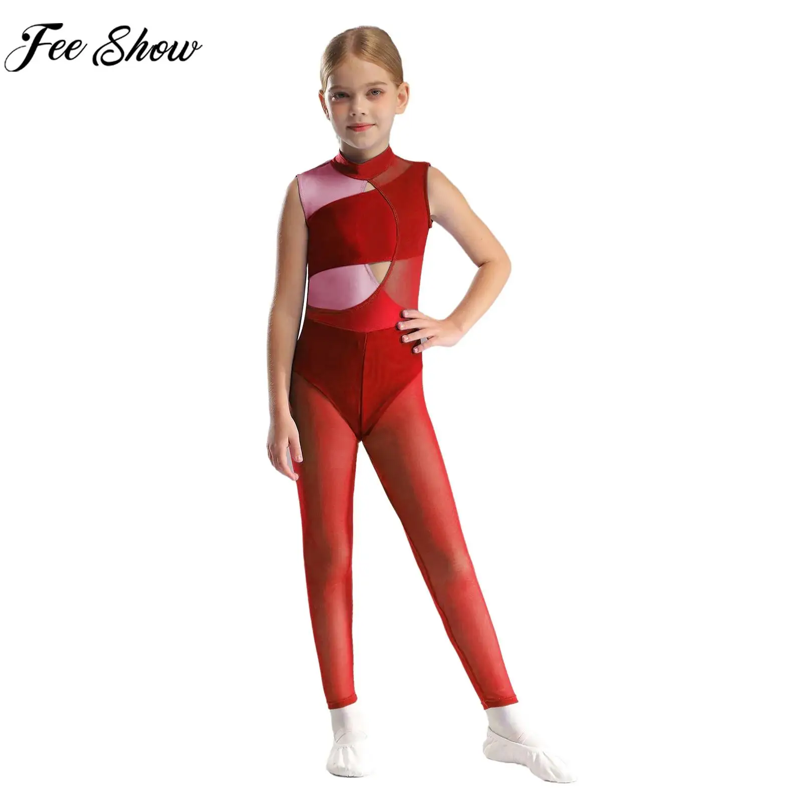 Girls Ballet Dance Gymnastics Leotard Figure Skating Acrobatics Yoga Workout Bodysuit Sleeveless Cutout Sheer Mesh Jumpsuit