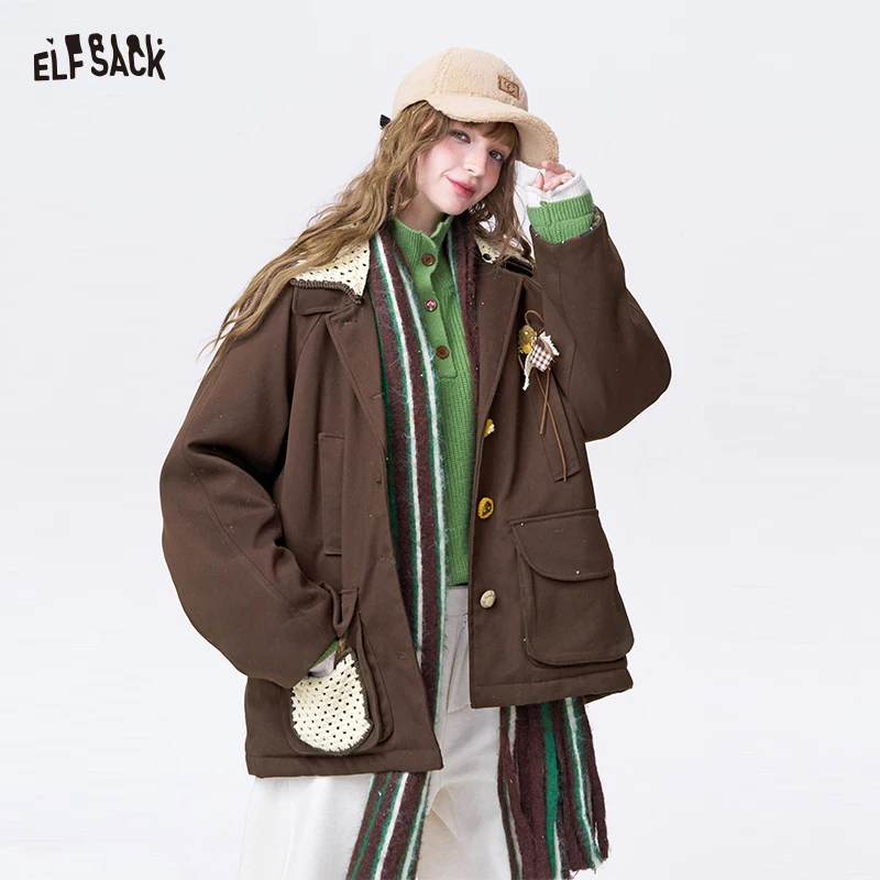 ELFSACK Minimalist Casual Loose 3D Embellishment Contrast Lapel Coat For Women