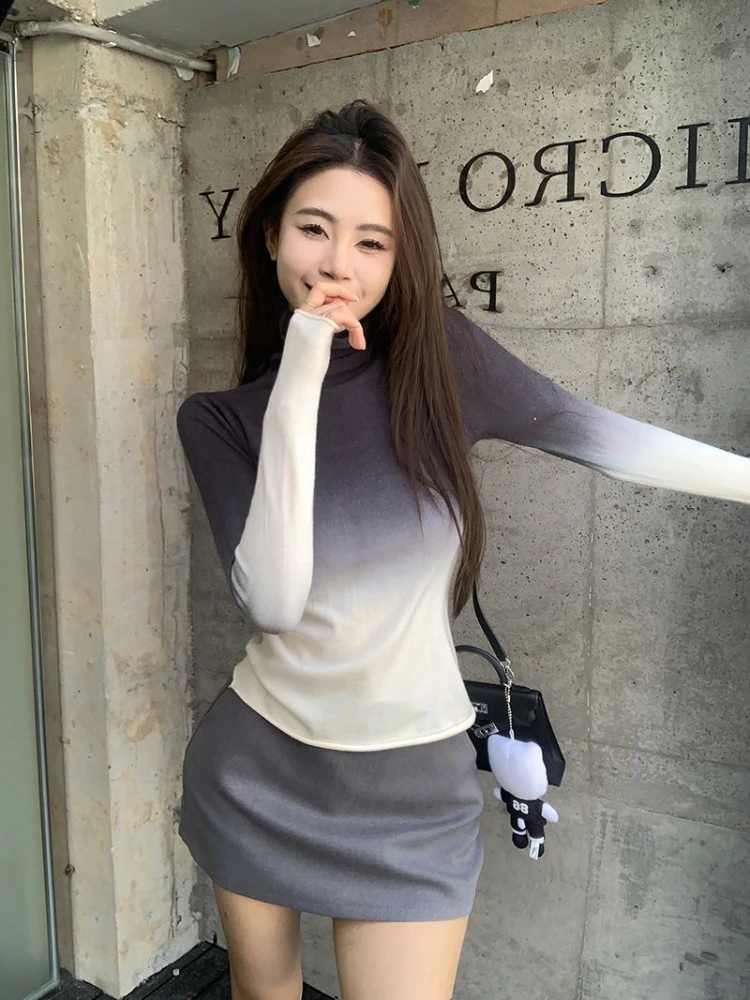 Turtleneck T-shirt Women Gradient Autumn New Basic Long Sleeve Slim All-match Korean-style Trendy Office Ladies Leisure Gentle