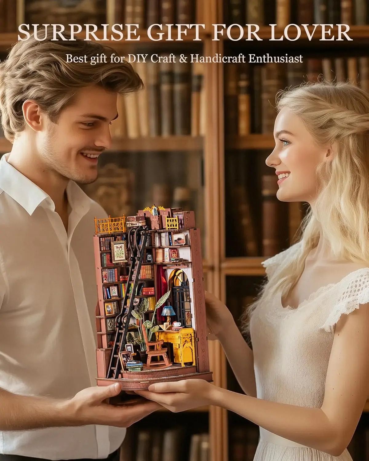 Robotime Rolife, estudio de esquina silencioso, bricolaje, rincón de libros, estante de inserción, casa de muñecas en miniatura de madera para estantería, muebles de inserción TGE02