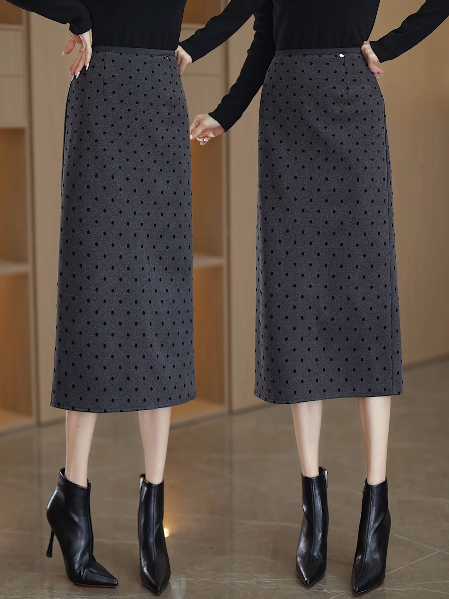 

Женская шерстяная юбка миди А-силуэта в горошек, осенне-зимняя новинка, с завышенной талией, облегающая, элегантная, в корейском стиле, для офиса