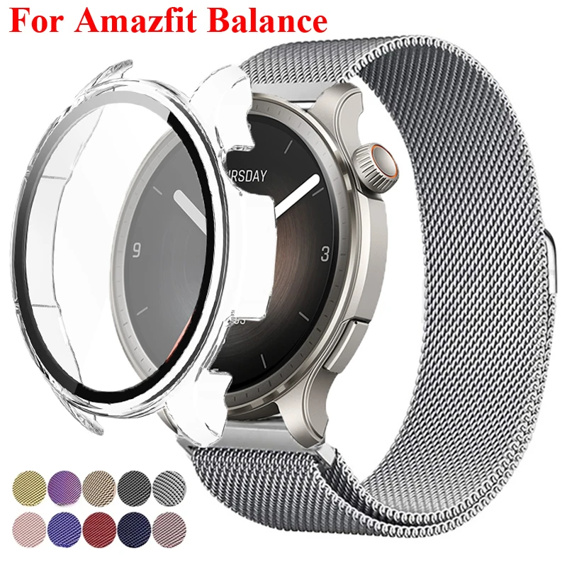 ケース + ミラネーゼループストラップ Amazfit バランス磁気金属リストストラップブレスレット時計バンド Huami Amazfit バランス PC カバー