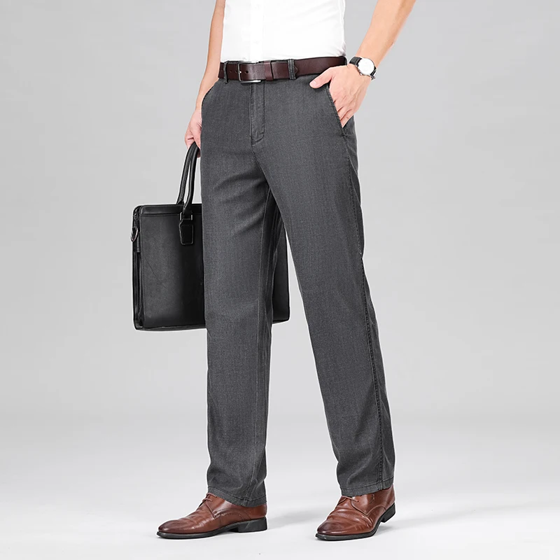 2024 New Men\'s Summer Thin Jeans Loose Stretch Large Size Ice Silk Straight Pants Elite Business Casual Pants Smoke Gray Blue