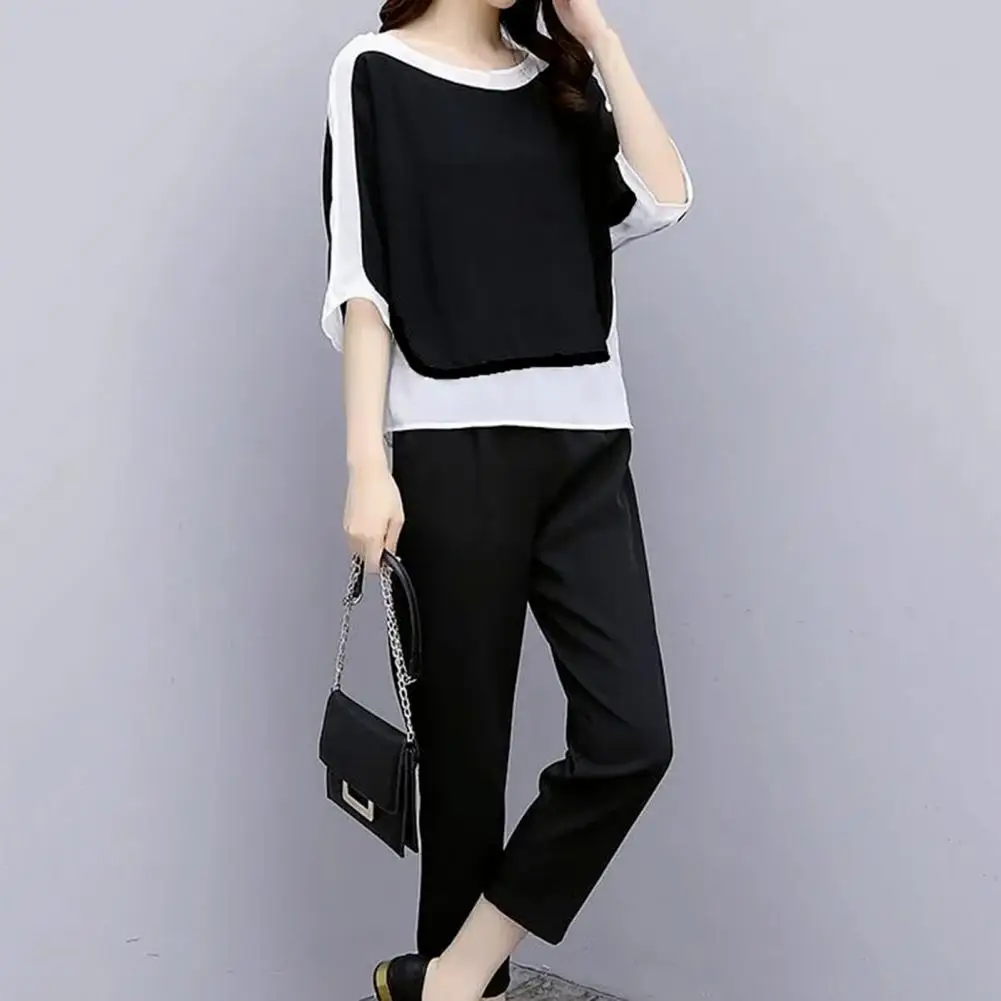 2Pcs/Set O-Neck Batwing Half Sleeve Casual Outfit Mid-rise Pockets Top Pants Set Patchwork Color Tee Top Straight Leg Pants