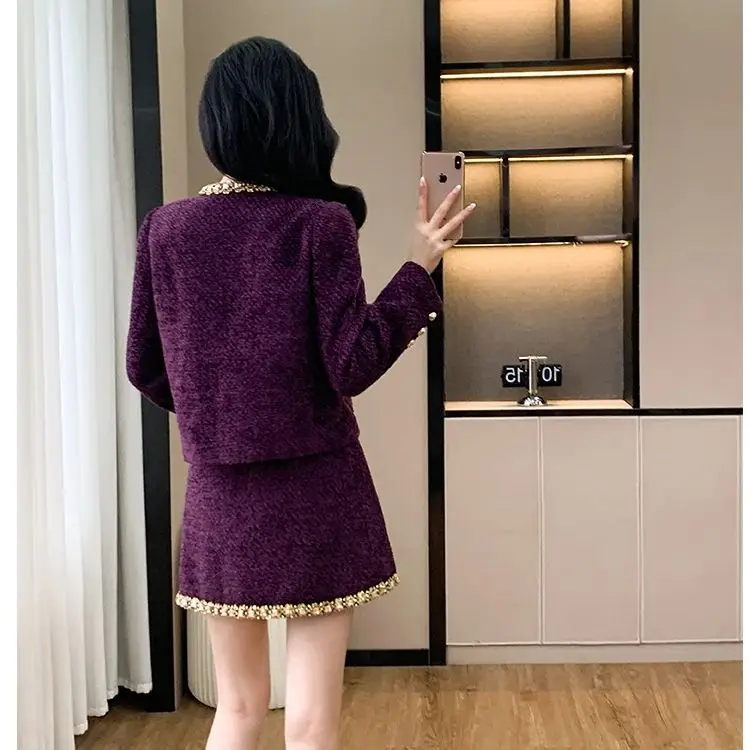 Luxury Brand Purple 2 Piece Set For Women Fall Winter Diamonds Jacket Coat+Mini Skirt Suits Elegant Fashion Womens Office Outfit